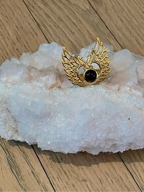 Gold Winged Ring with Black Stone Accent - Women Jewelry